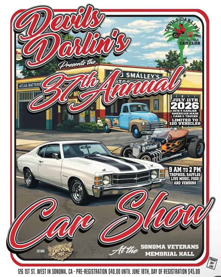 Devils Darlin's 37th Annual Car Show event at 126 1St Street West in Sonoma, CA on July 11, 2026
