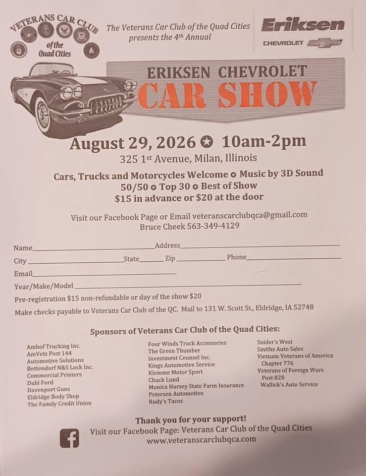 Erickson Chevrolet Car Show Milan, IL event at 325 East 1St Avenue in Milan, IL on August 29, 2026