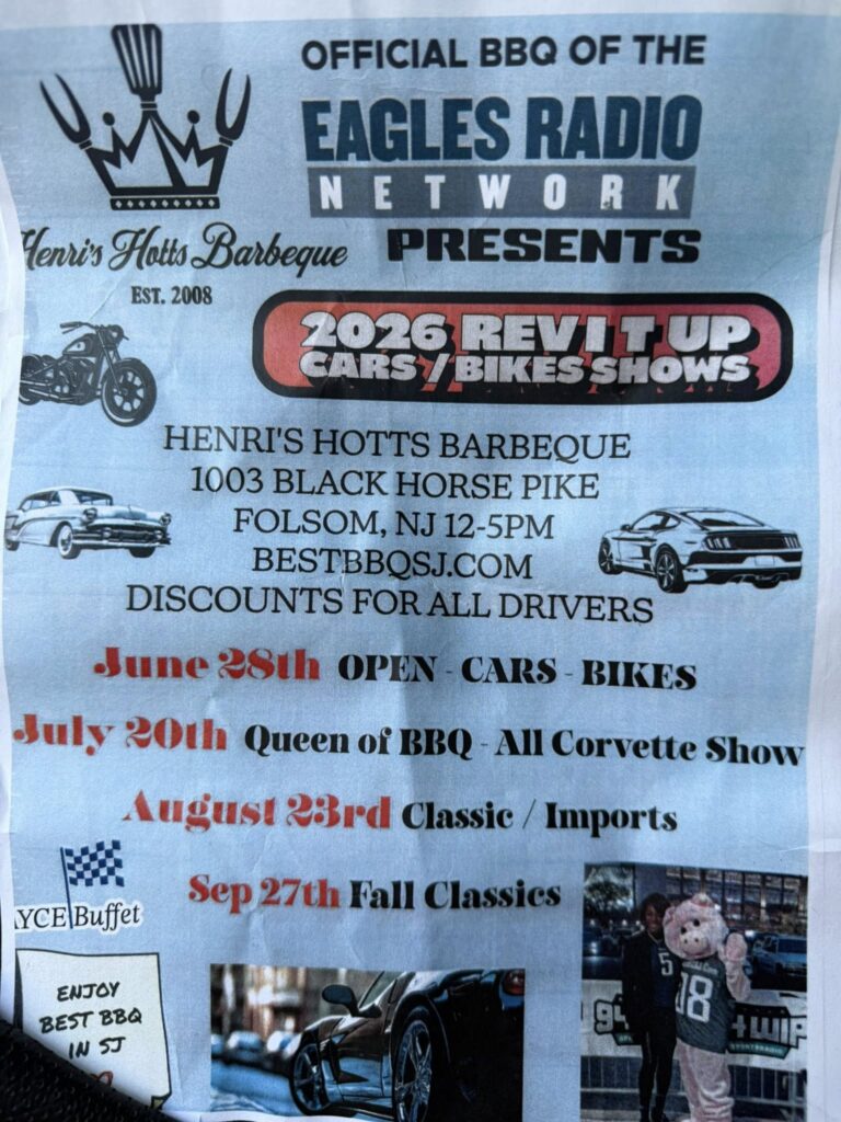 2026 Rev It Up Cars/Bikes Shows event at Henri's Hotts Barbeque in Folsom, NJ on June 28, 2026
