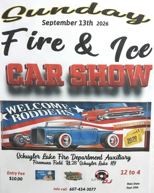 Fire & Ice Car Show event at Firemans Field in Schuyler Lake, NY on September 13, 2026