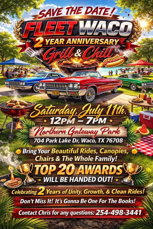 Fleet Waco 2 Year Anniversary Grill & Chill event at Northern Gateway Park in Waco, TX on July 11, 2026