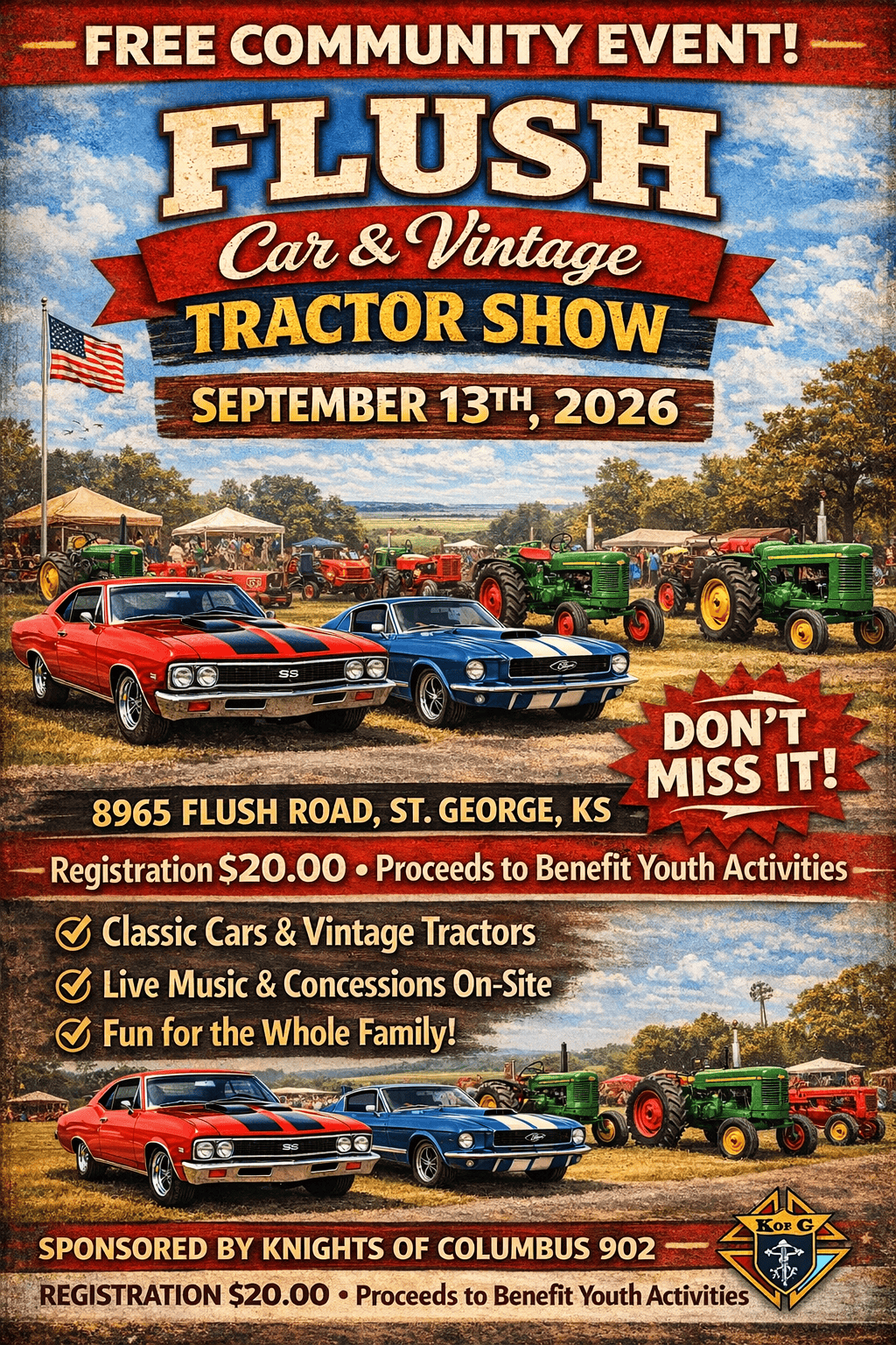 Flush Car & Vintage Tractor Show event at 8965 Flush Road in St. George, KS on September 13, 2026