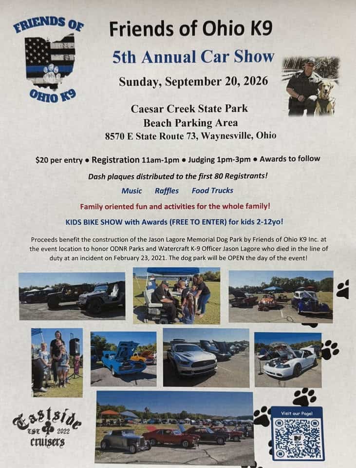 Friends of Ohio K9 5th Annual Car Show event at 8570 East State Route 73 in Waynesville, OH on September 20, 2026
