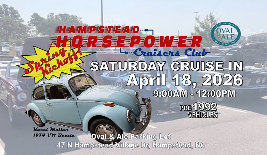 Hampstead Horsepower Cruisers Club Spring Kickoff event at Oval & Ale Parking Lot in Hampstead, NC on April 18, 2026