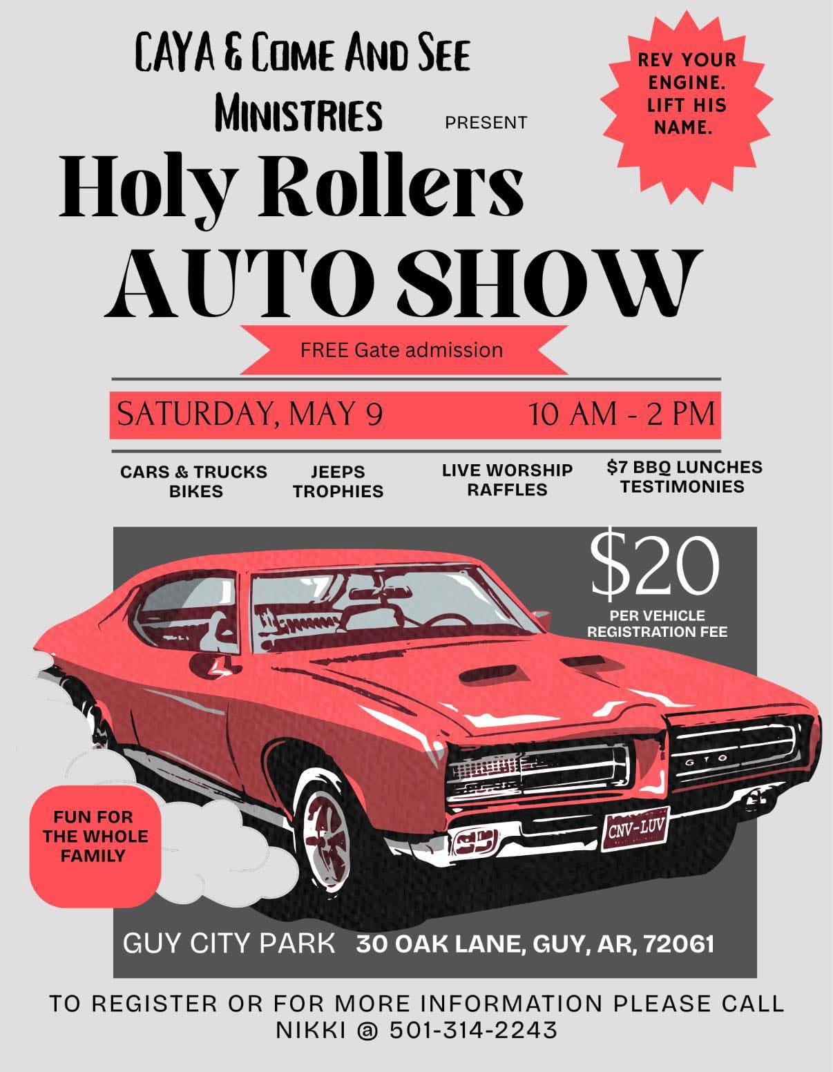 Holy Rollers Auto Show event at Guy City Park in Guy, AR on May 9, 2026