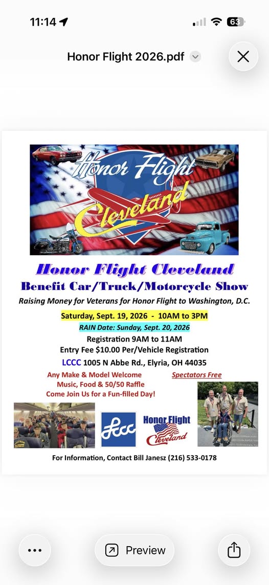 Honor Flight Cleveland Benefit Car/Truck/Motorcycle Show event at LCCC in Elyria, OH on September 19, 2026