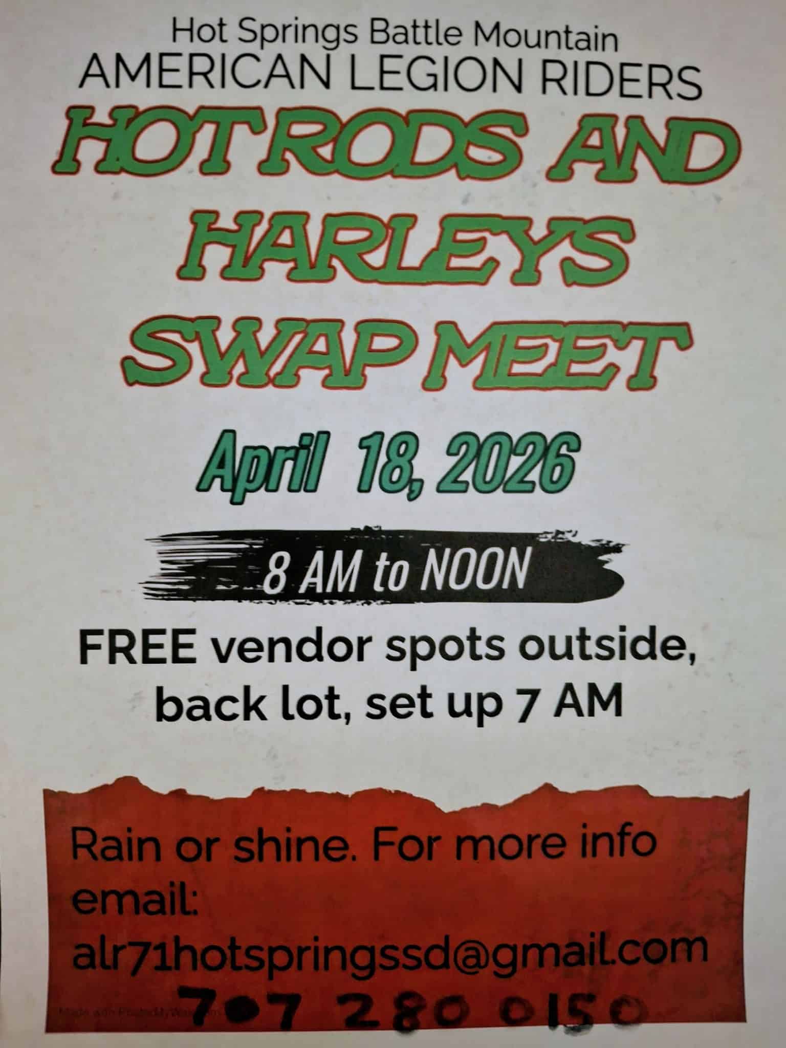Hot Rods And Harleys Swap Meet event at Battle Mountain American Legion chapter 71 in Hot Springs, SD on April 18, 2026