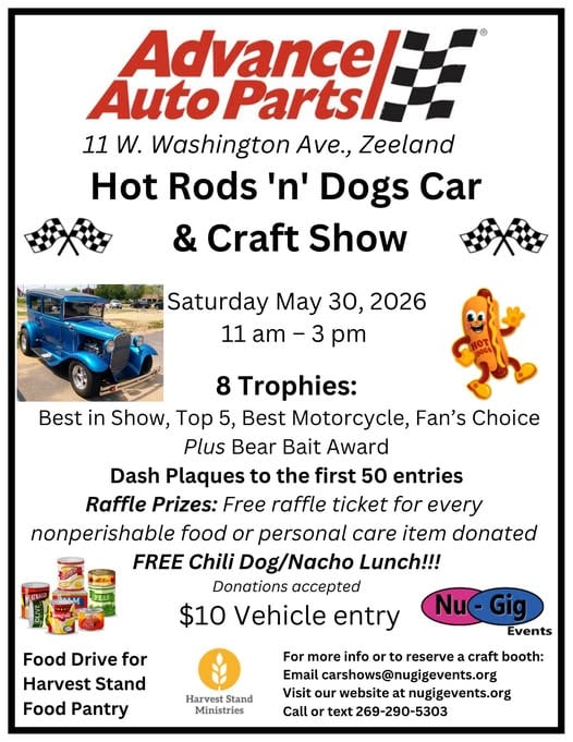Hot Rods N Dogs Car and Craft Show 2026 event at 11 W Washington Ave in Zeeland, MI on May 30, 2026