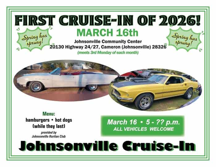 Johnsonville Cruise-In event at Johnsonville Community Center in Cameron, NC on March 16, 2026
