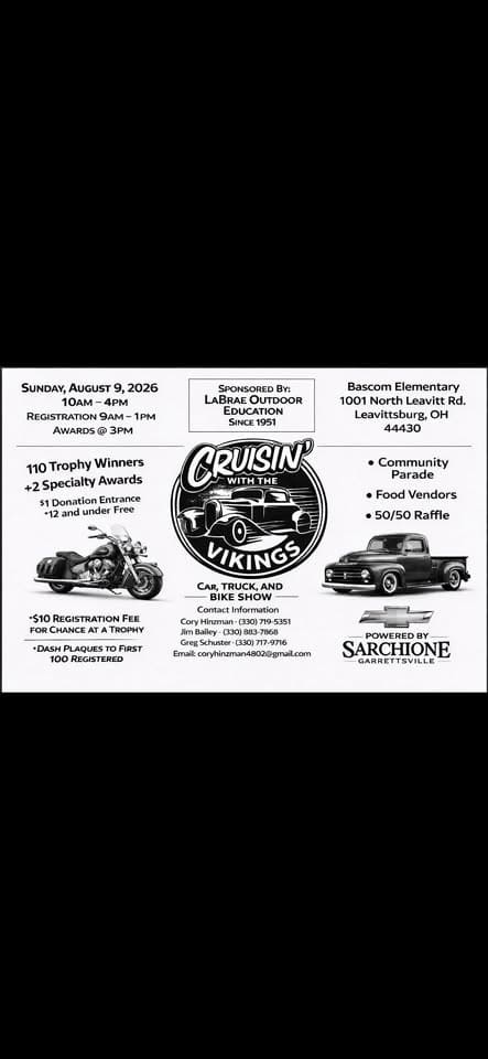 LaBrae Cruisin' with the Vikings Car, Truck, & Bike Show 2026 event at 1015 N Leavitt Rd in Leavittsburg, OH on August 9, 2026