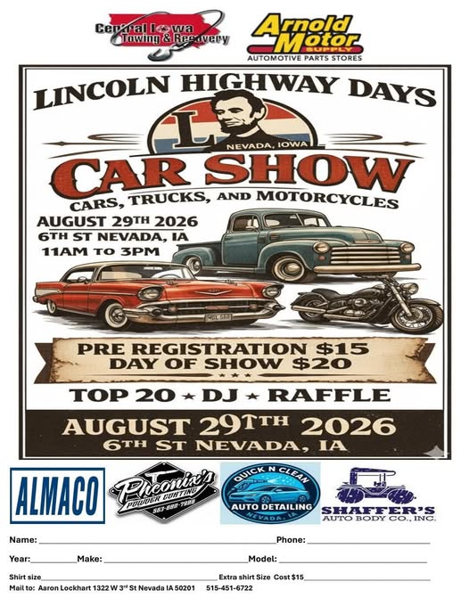 Lincoln Highway Days Car Show event at 6th St in Nevada, IA on August 29, 2026
