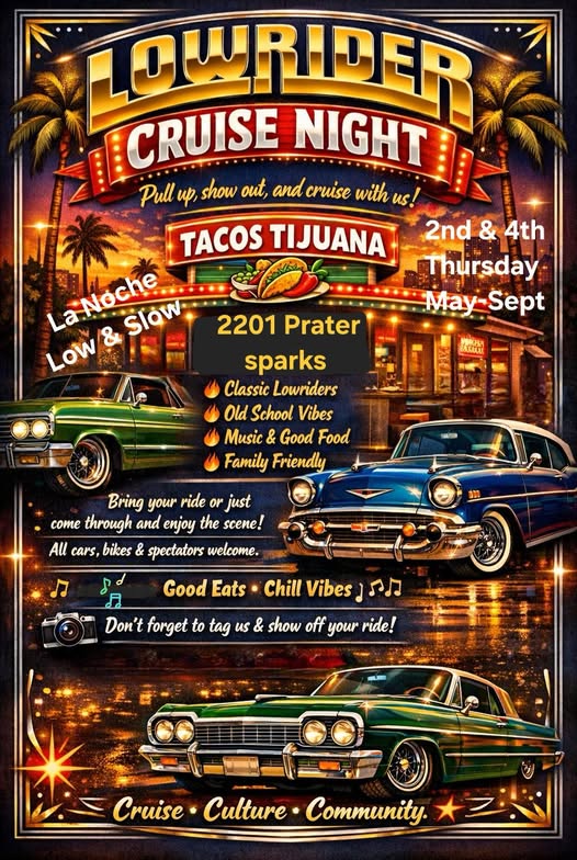 Lowrider Cruise Night event at Tacos Tijuana in Sparks, NV on May 14, 2026