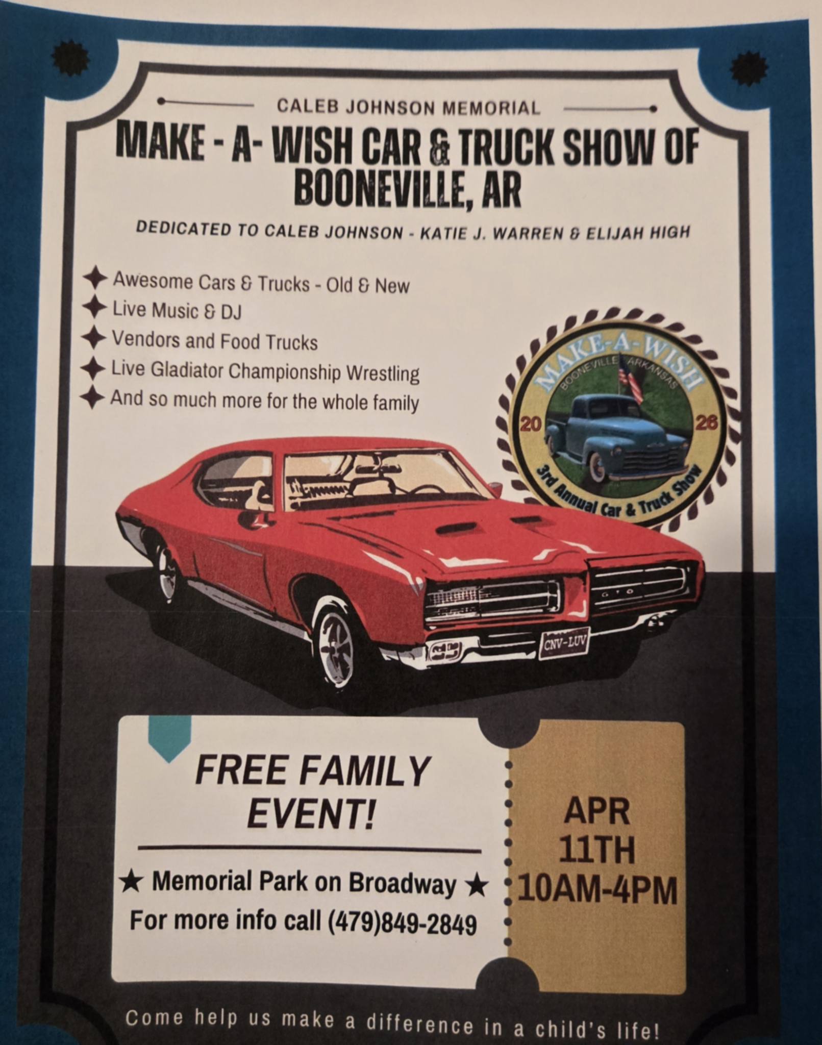 Make - A - Wish Car & Truck Show event at Memorial Park on Broadway in Booneville, AR on April 11, 2026