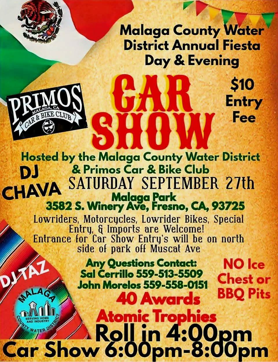 Malaga County Water District Annual Fiesta Car Show event at Malaga Park in Fresno, CA on September 27, 2026