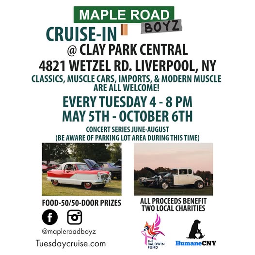 Maple Road Boyz Cruise-In event at Clay Park Central in Liverpool, NY on May 5, 2026