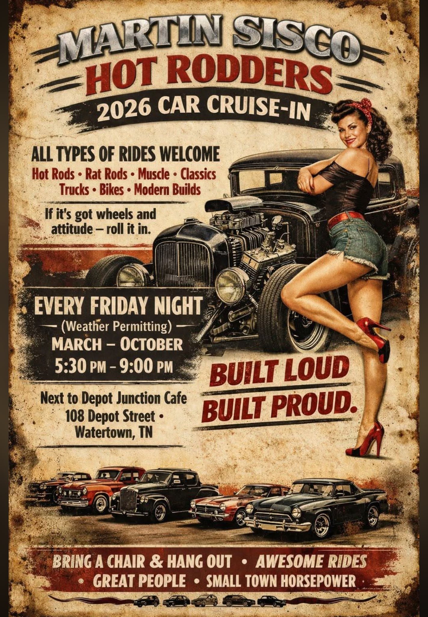 Martin Sisco Hot Rodders 2026 Car Cruise-In event at Depot Junction Cafe in Watertown, TN on April 3, 2026