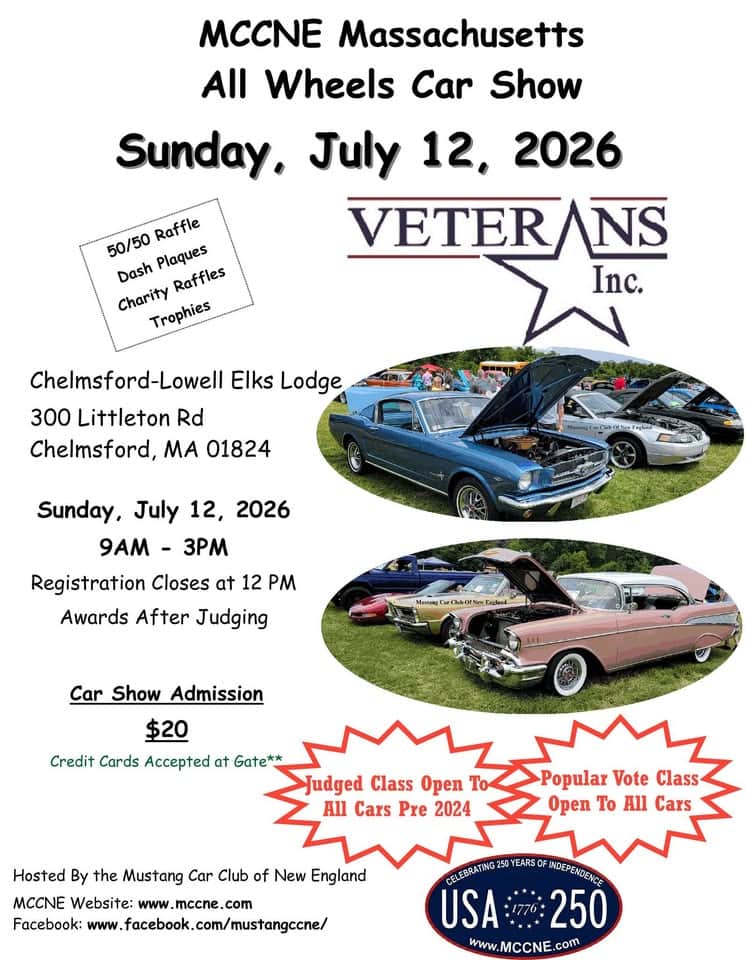 MCCNE Massachusetts All Wheels Car Show event at 352 Littleton Rd in Chelmsford, MA on July 12, 2026