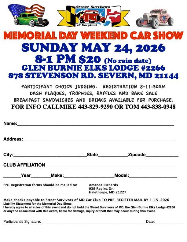 Memorial Day Weekend Car Show event at Glen Burnie Elks Lodge #2266 in Severn, MD on May 24, 2026