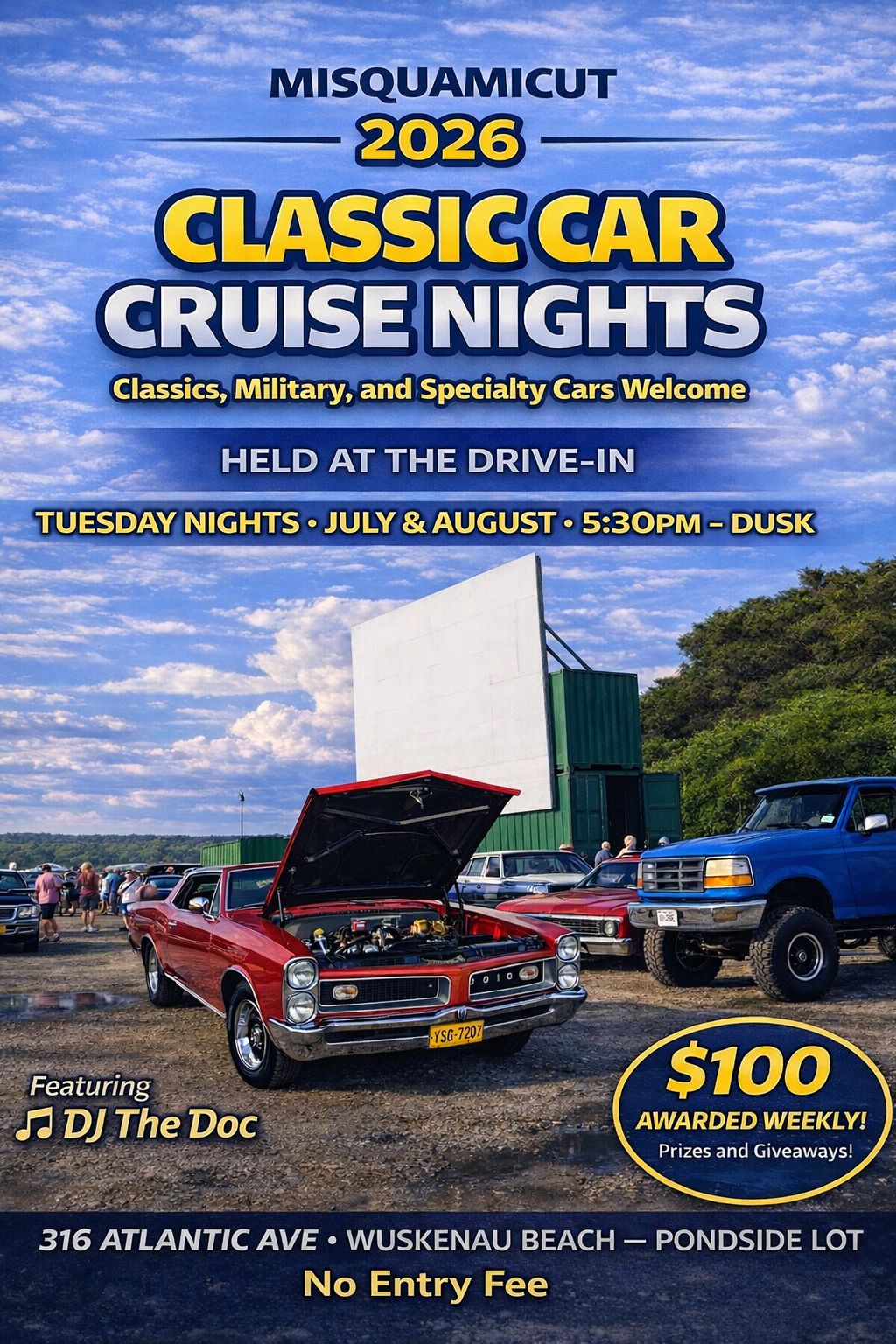 Misquamicut 2026 Classic Car Cruise Nights event at Drive-In in Westerly, RI on July 1, 2026