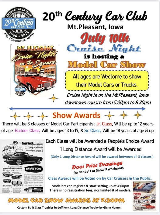 Mt. Pleasant Cruise Night Model Car Show event at Downtown Square in Mt. Pleasant, IA on July 10, 2026