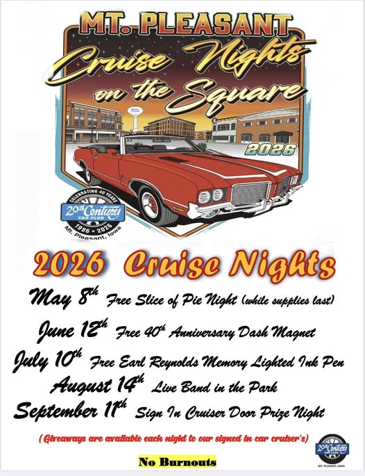 Mt. Pleasant Cruise Nights on the Square event at Downtown Square in Mt. Pleasant, IA on May 8, 2026