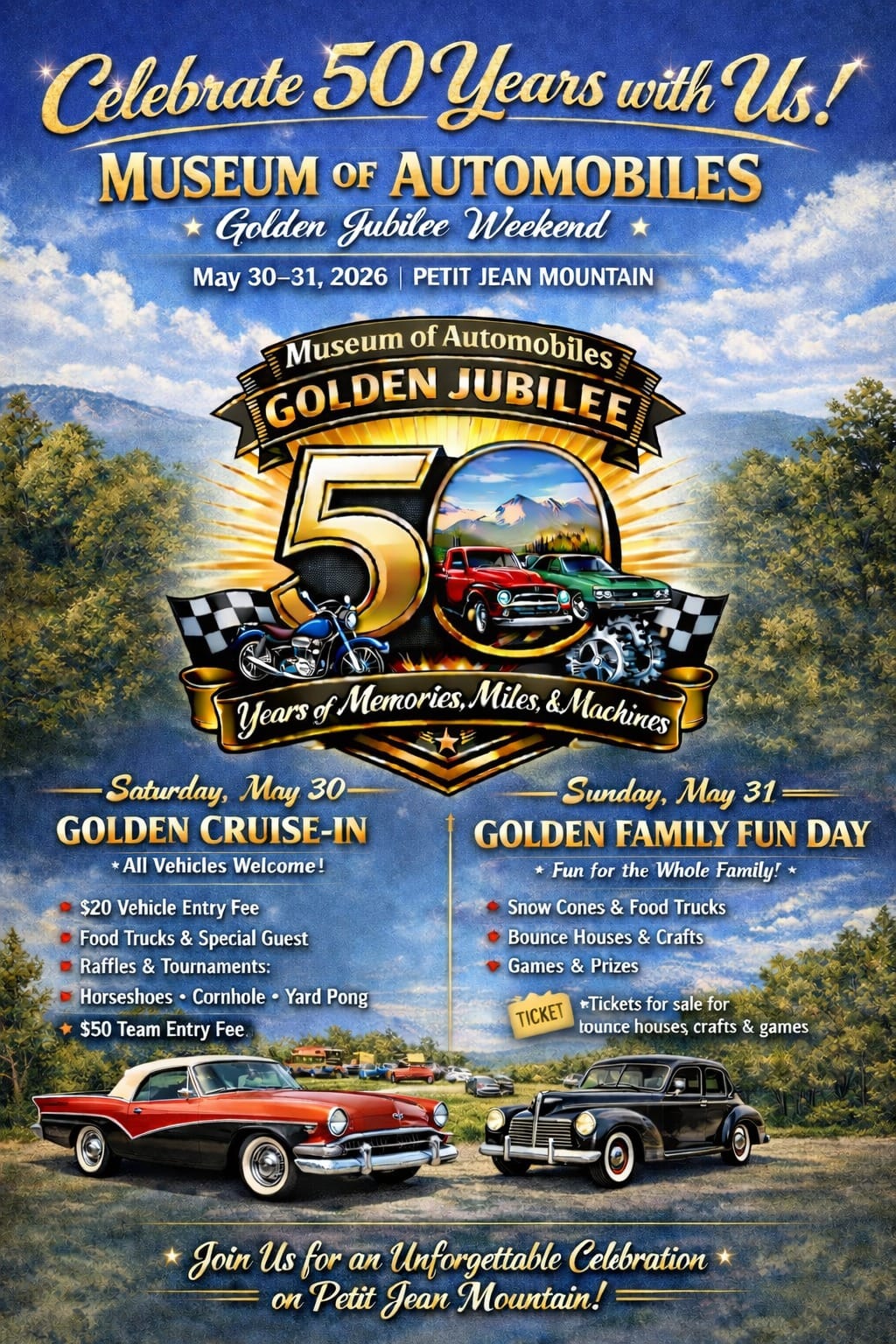 Museum Of Automobiles Golden Jubilee Weekend event at 8 Jones Lane in Morrilton, AR on May 30, 2026