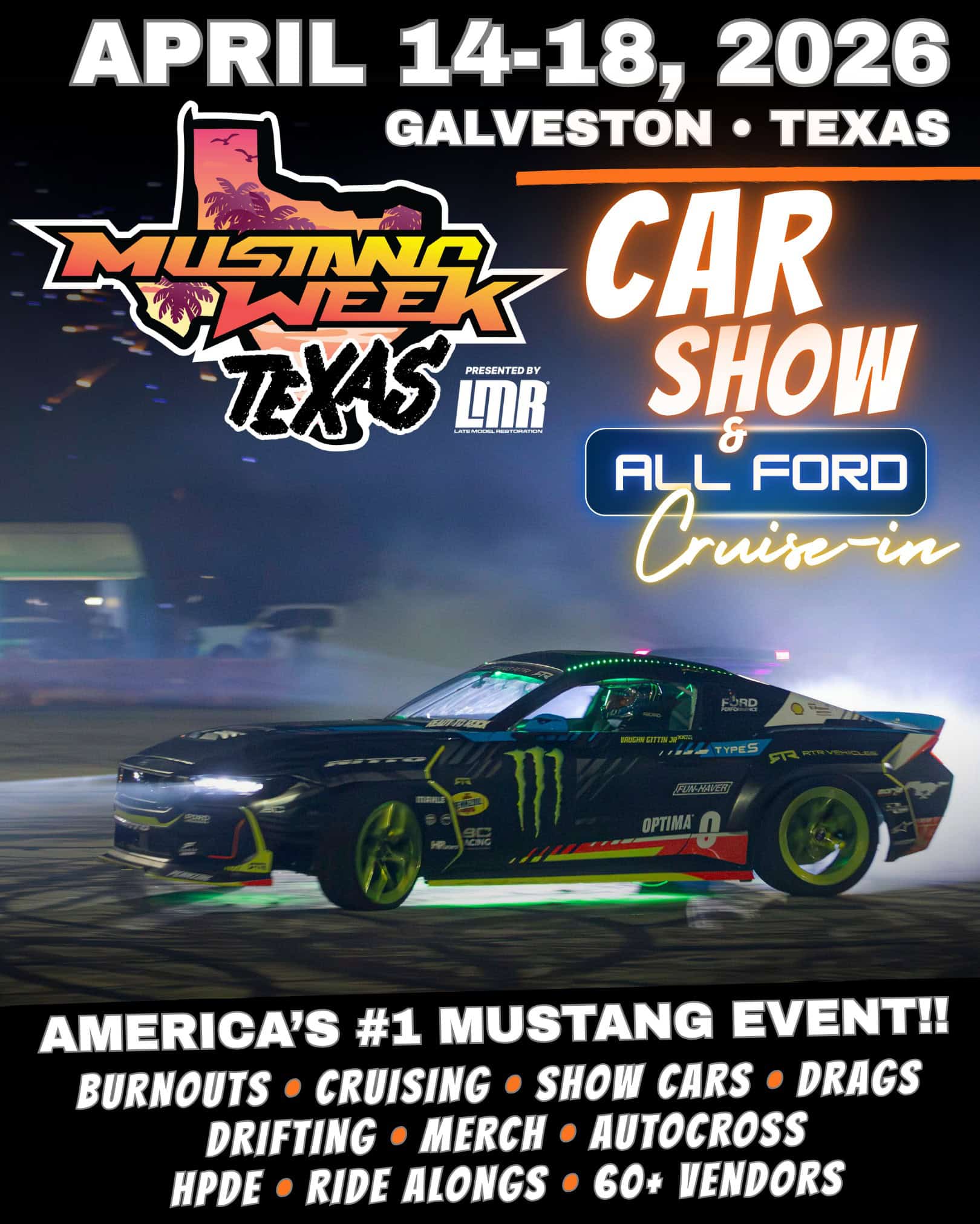Mustang Car Week event at Moody Gardens Resort in Galveston, TX on April 14, 2026