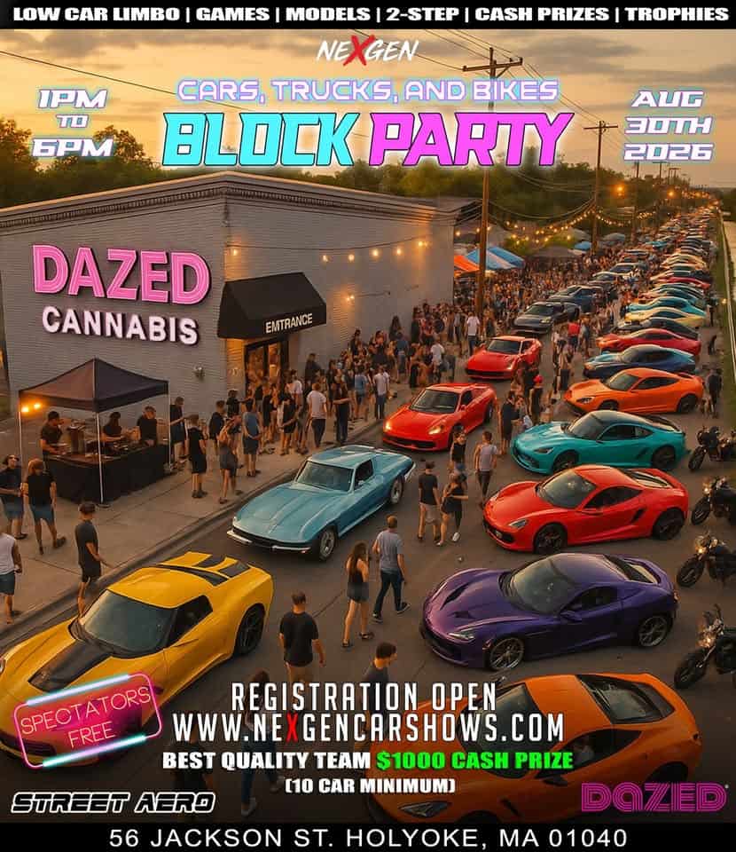 Nexgen Mass Cars, Trucks & Bikes Block Party event at 56 Jackson St in Holyoke, MA on August 30, 2026