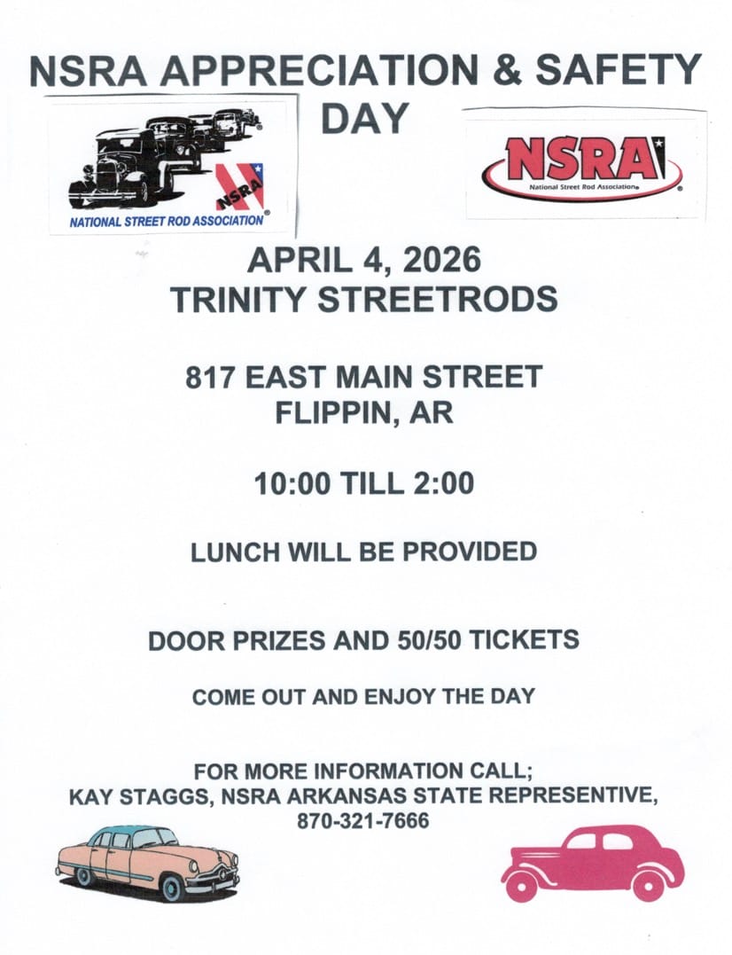 NSRA Appreciation & Safety Day event at Trinity Streetrods in Flippin, AR on April 4, 2026