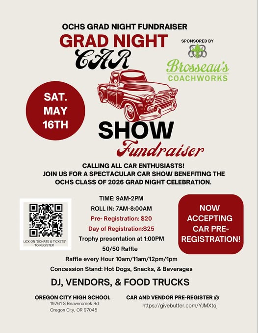 Ochs Grad Night Fundraiser Car Show event at Oregon City High School in Oregon City, OR on May 16, 2026