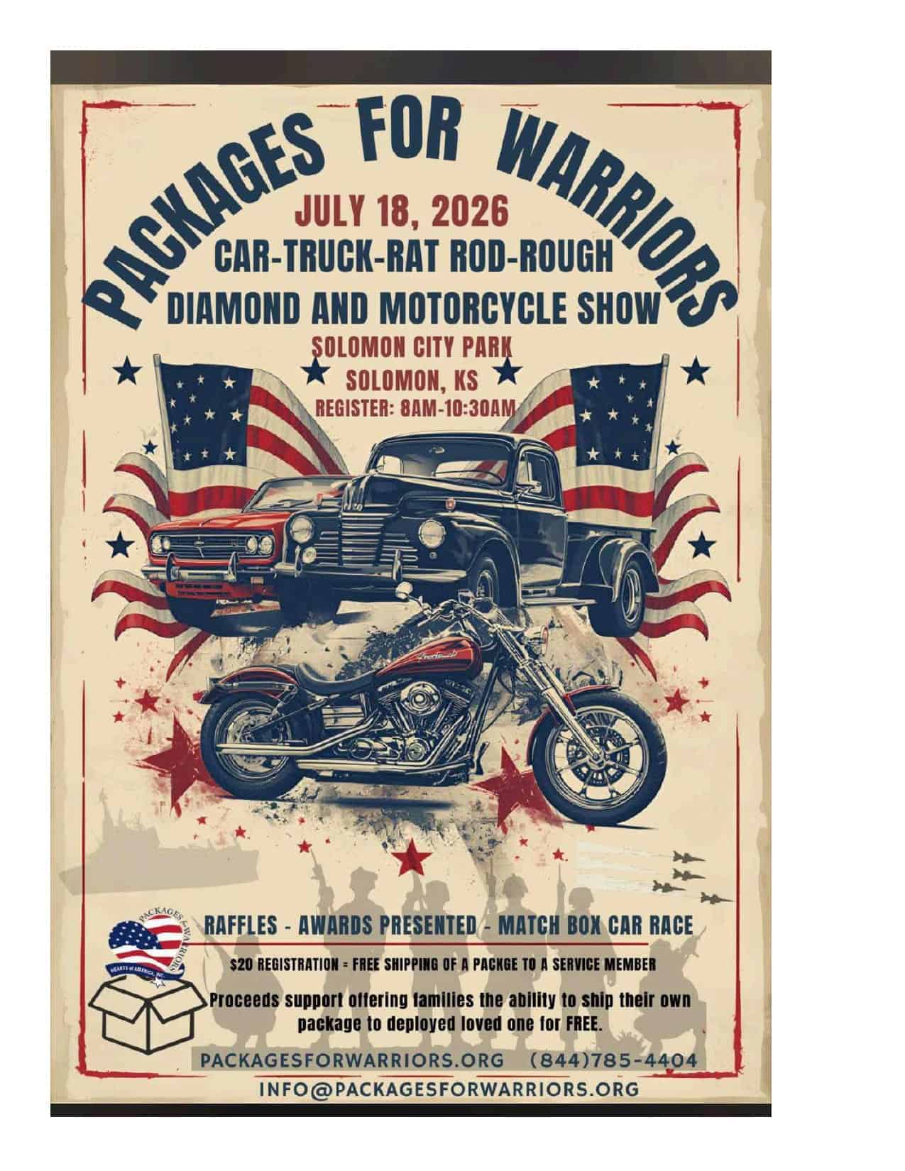 Packages for Warriors Car, Truck, Rat Rod, Rough Diamond, And Motorcycle Show event at Solomon City Park in Solomon, KS on July 18, 2026