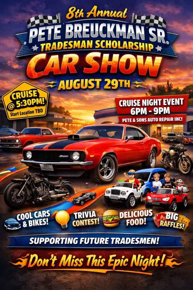 Pete Breuckman Sr. Tradesman Scholarship Car Show event at 1001 Breuckman Dr. in Crown Point, IN on August 29, 2026