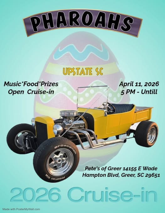 Pharaohs 2026 Cruise-In event at Pete's of Greer in Greer, SC on April 11, 2026