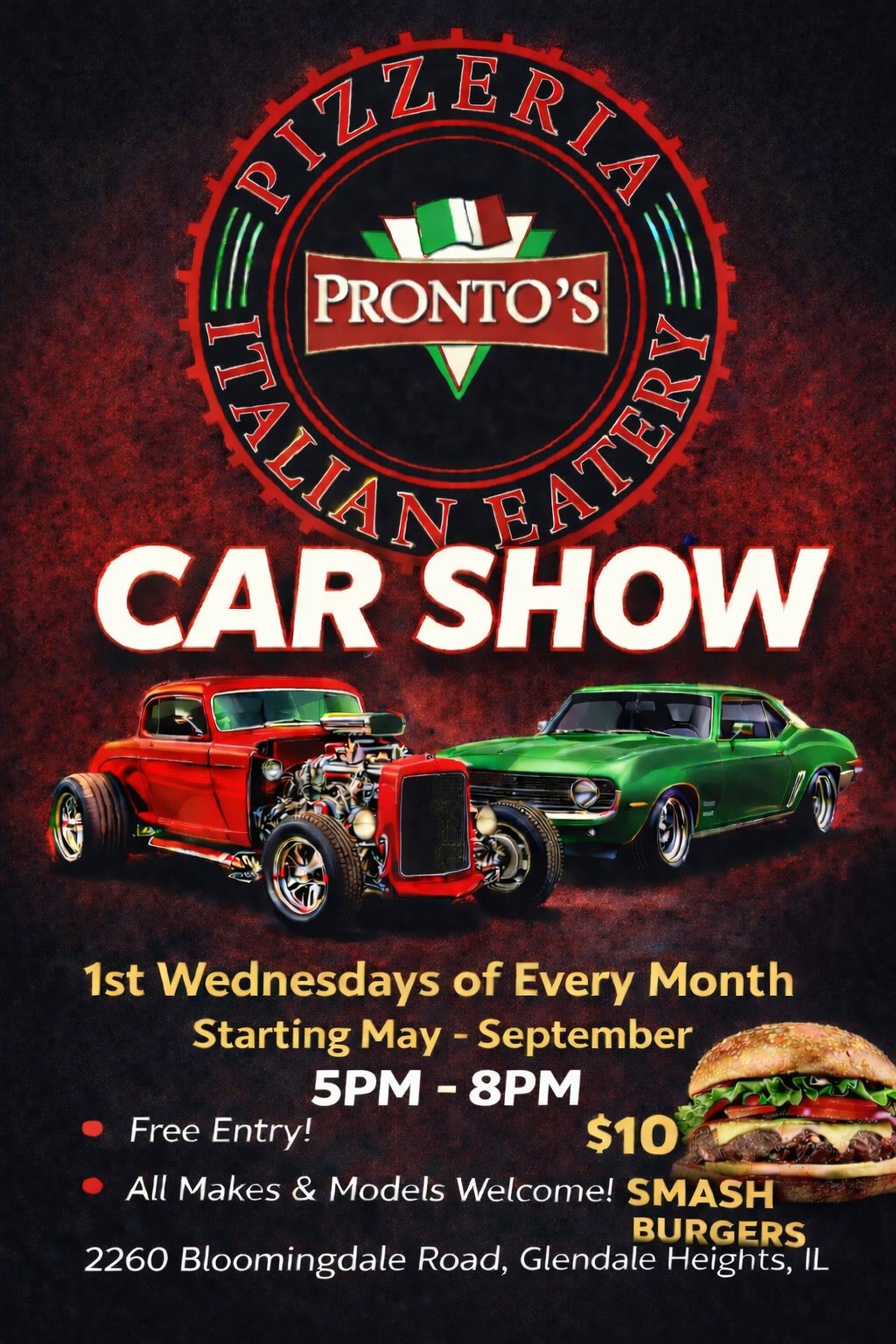 Pronto's Car Show event at Pizzeria Pronto's Italian Eatery in Glendale Heights, IL on May 6, 2026