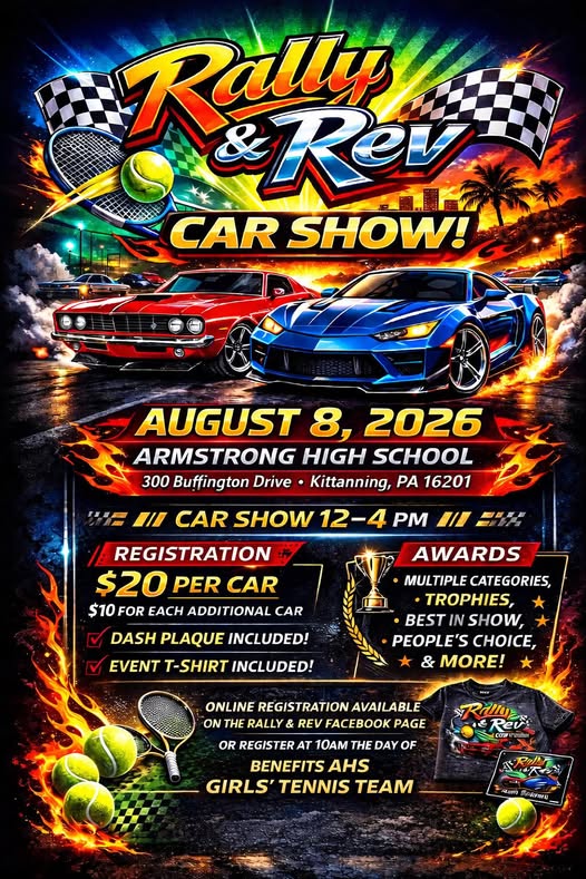 Rally & Rev Car Show event at Armstrong High School in Kittanning, PA on August 8, 2026