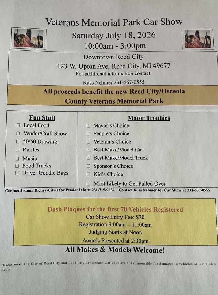 Reed City Veterans Memorial Park Car Show event at 123 W Upton Ave in Reed City, MI on July 18, 2026