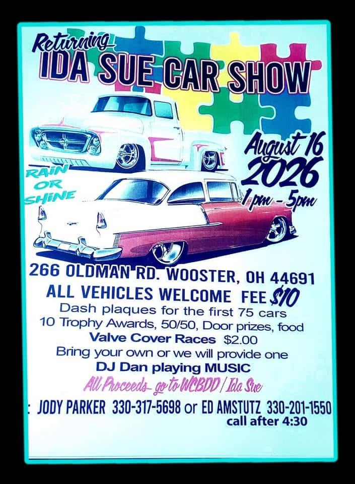 Returning Ida Sue Car Show event at 266 Oldman Road in Wooster, OH on August 16, 2026