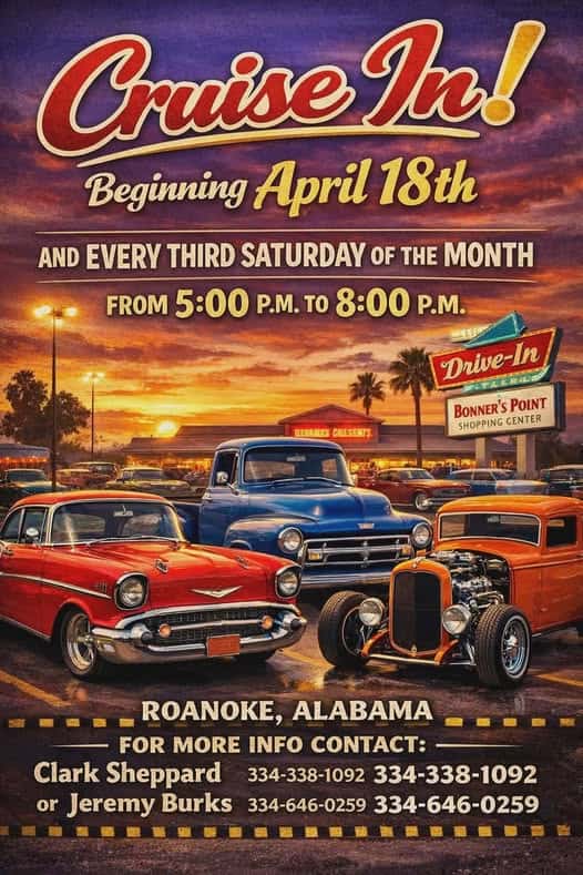 Roanoke Southern Cruisers Cruise In event at Bonner's Point Shopping Center in Roanoke, AL on April 18, 2026