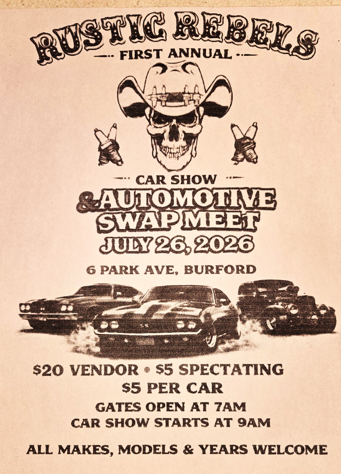Rustic Rebels First Annual Car Show & Automotive Swap Meet event at 6 Park Ave in Burford, ON on July 26, 2026