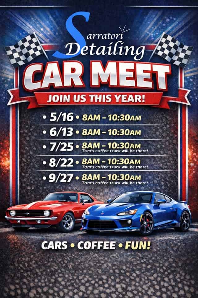 Sarratori Detailing Cars & Coffee event at 1921 Brighton Henrietta Townline Road in Rochester, NY on May 16, 2026