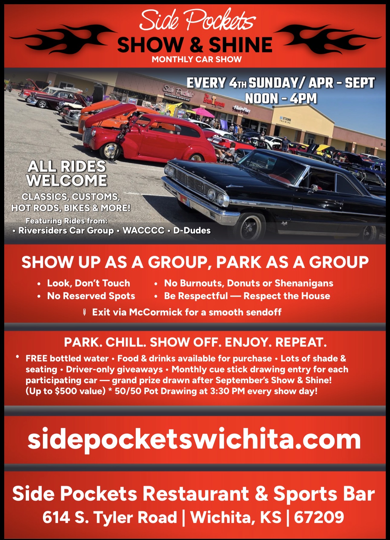 Side Pockets Show & Shine event at Side Pockets Restaurant & Sports Bar in Wichita, KS on April 24, 2026