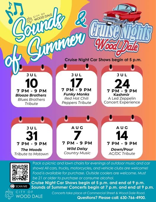 Sounds Of Summer & Cruise Nights Wood Dale event at Commercial Street in Wood Dale, IL on July 10, 2026