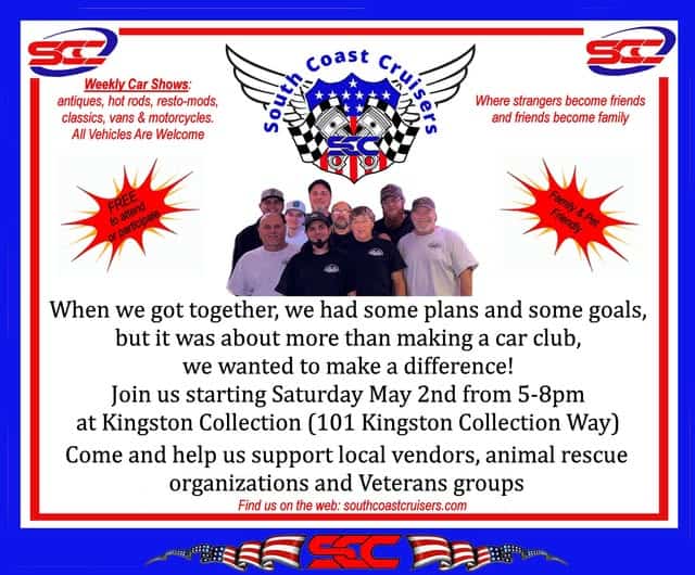 South Coast Cruisers Weekly Car show event at Kingston Collection in Kingston, MA on May 2, 2026