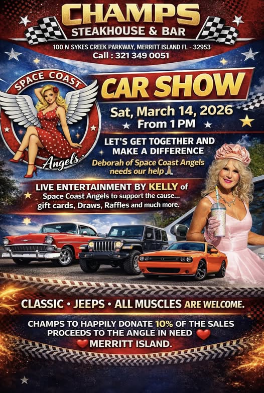 Space Coast Angels Car Show event at Champs Steakhouse & Bar in Merritt Island, FL on March 14, 2026