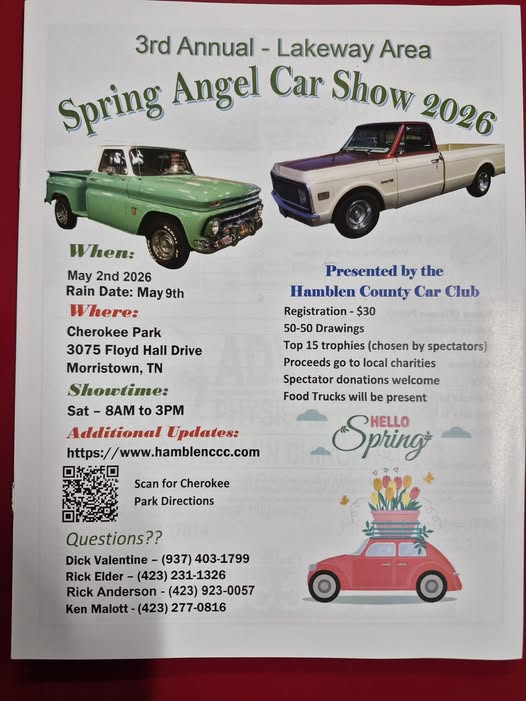 Spring Angel Car Show 2026 event at Cherokee Park in Morristown, TN on May 2, 2026
