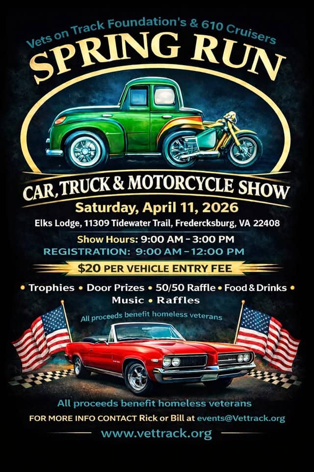 Spring Run Car, Truck & Motorcycle Show event at 11309 Tidewater Tr in Fredericksburg, VA on April 11, 2026