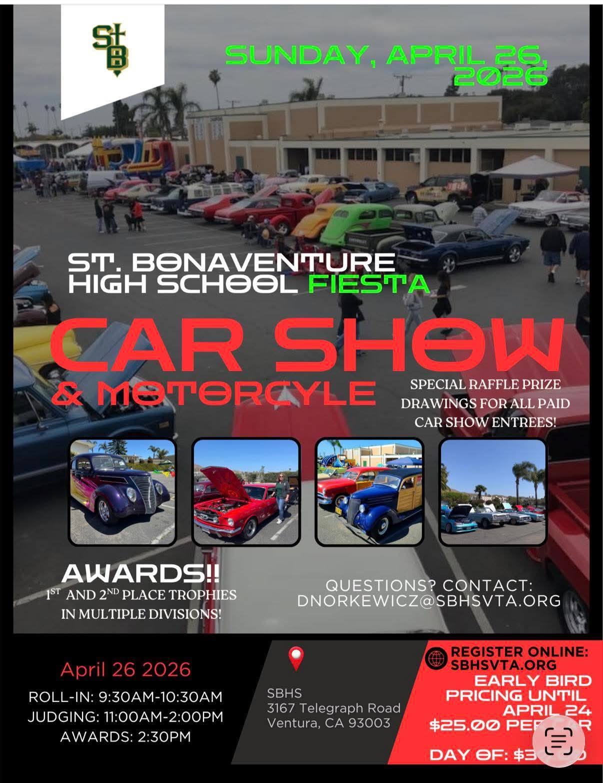 St. Bonaventure High School Fiesta Car Show & Motorcycle event at SBHS in Ventura, CA on April 26, 2026
