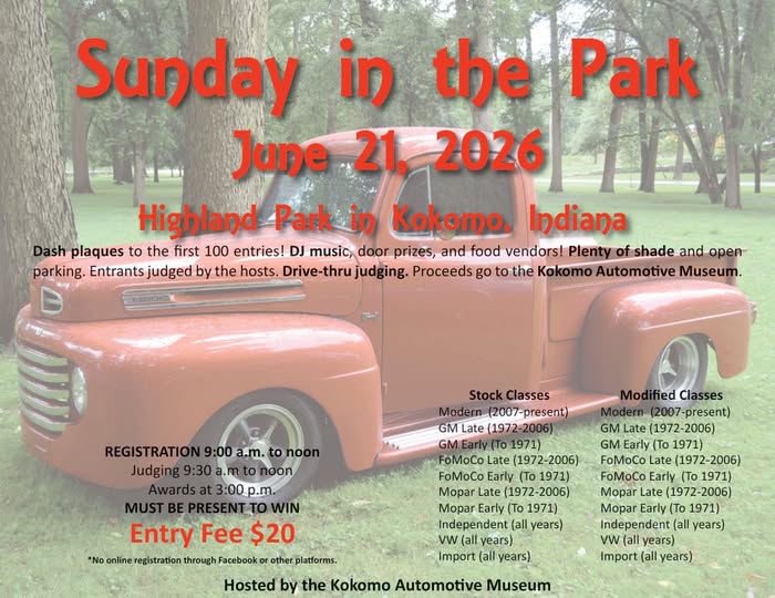 Sunday In The Park event at Highland Park in Kokomo, IN on June 21, 2026