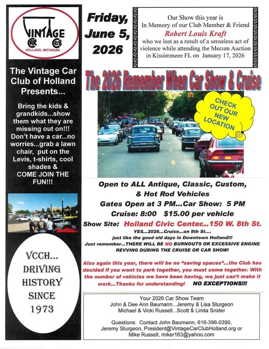 The 2026 Remember When Car Show & Cruise event at Holland Civic Center in Holland, MI on June 5, 2026