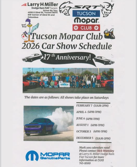 Tucson Mopar Club 2026 Car Show Schedule event at Larry H Miller Dodge Ram Fiat Tucson in Tucson, AZ on April 4, 2026